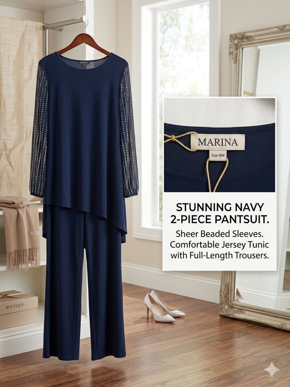MARINA Navy Two-Piece Beaded Sleeve Pantsuit